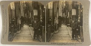 Chine, une Rue dans une métropole, Vintage print, ca.1900, Stéréo