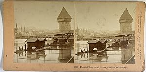 Kilburn, Switzerland, Lucerne, Old Bridge and Tower, stereo, 1885