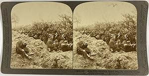 Guerre 1914/18, Soldats belges tirant depuis leur tranchée, Vintage silver print, ca.1914, Stéréo