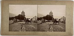 Suisse, Fribourg, La Tour-de-Trême, Calèche et Boulangerie, vintage stereo print, ca.1900