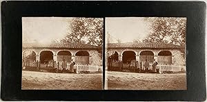 France, Charbonnières-les-Bains, Hommes devant une Etable, vintage stereo print, ca.1900