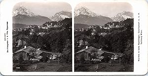 Allemagne, Bavière, Berchtesgaden, vue générale avec montagnes, Vintage print, ca.1900, Stéréo