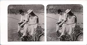 Jeune couple à la pêche, Vintage print, ca.1900, Stéréo