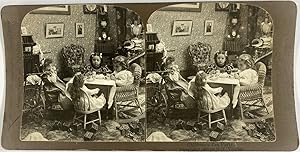 Fillettes lors d'une Tea Party, Vintage print, ca.1900, Stéréo