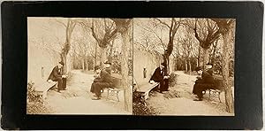 France, Environs de Charbonnières-les-Bains, Hommes sur des Bancs, vintage stereo print, ca.1900