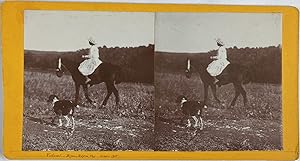 France, Vitrolles, Vue d'un cheval andalou et de sa cavalière, Vintage print, circa 1900, Stéréo