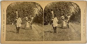 Belgique, Scène de genre, Les troupiers et la nourrice, Vintage print, circa 1890, Stéréo