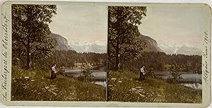 Allemagne, Oberstdorf, Vue du Lac Freibergsee, Vintage print, circa 1900, Stéréo