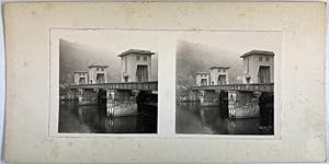 Allemagne, Niederlangen, Pont et Bordure d'eau, Vintage print, circa 1880, Stéréo