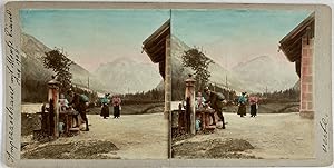 Italie, Alpes Italiennes , Randonnée à Ampezzo Strane, Vintage print, circa 1900, Stéréo