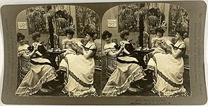 Femmes jouant aux cartes, Vintage silver print, ca.1900, Stéréo