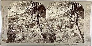 Suisse, Wengen, Vue panoramique, Vintage print, circa 1890, Stéréo