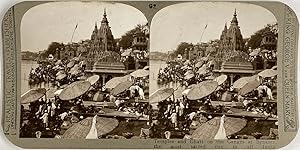 India, Benares, Temples and Ghats on the Ganges, vintage stereo print, ca.1900