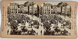 Suisse, Bâle, Vue de la Place Marché, Vintage print, circa 1890, Stéréo