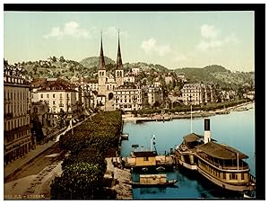 Schweiz, Luzern, Quai, Schweizerhof und National mit der Hofkirche