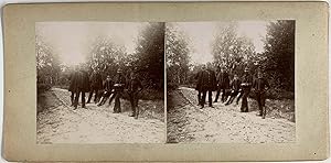 Scène de Genre, Militaires sur un Chemin Forestier, vintage stereo print, ca.1900