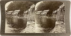 Japan, Obama, Bathing Houses on the borders of the Lake, vintage stereo print, ca.1900