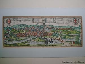 Warburg - " Warborch". Altkoilorierte Ansicht der Stadt. In der Mitte: Zwei Schrifttafeln mit Erk...