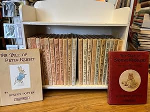 Peter Rabbit's Book Shelf. Complete set of 23 titles of Beatrix Potter in a wooden bookcase