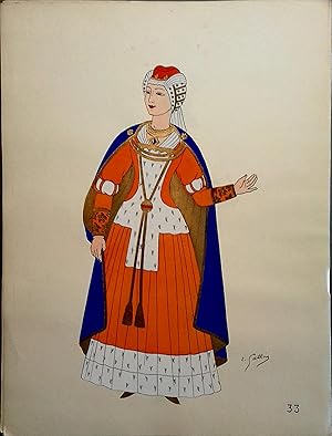 Costume de femme noble sous les Valois. XIVe siècle. Gravure en couleurs extraite du portfolio d'...