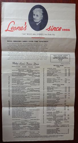 Menu Card: Leone`s New York - April 24. 1957