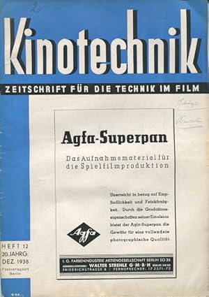 Kinotechnik. Zeitschrift für die Technik im Film. 20. Jahrgang. Heft 12 - Dezember 1938.