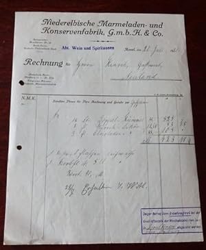 Niederelbische Marmeladen- und Konservenfabrik, Drochtersen: Rechnung 1921.