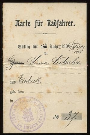 Karte für Radfahrer. Gültig für die Jahre 1906 - 1908. Nr. 37. Ausgestellt von der Städtischen Po...