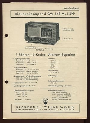 Bild des Verkufers fr Blaupunkt Kundendienst: Blaupunkt -Super 5 GW 648 M / T 499 zum Verkauf von Antiquariat Ralf Rindle