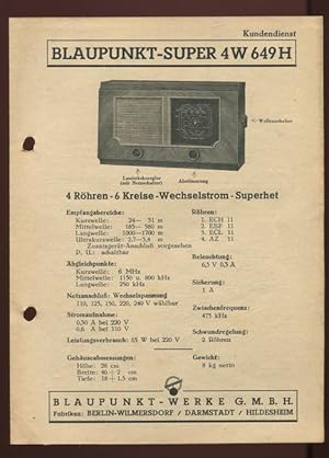 Bild des Verkufers fr Blaupunkt Kundendienst: Blaupunkt -Super 4 W 649 H. zum Verkauf von Antiquariat Ralf Rindle