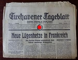 Cuxhavener Tageblatt: Dienstag, 5. September 1933. Schlagzeile: Neue Lügenhetze in Frankreich.