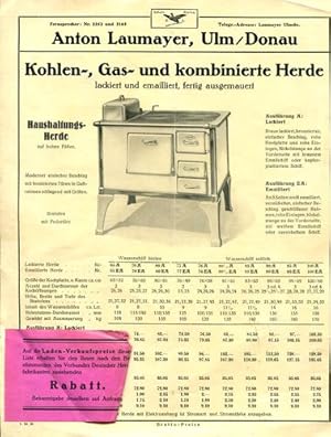 Kohlen-, Gas- und kombinierte Herde. Lackiert und emailliert, fertig ausgemauert. Prospekt.