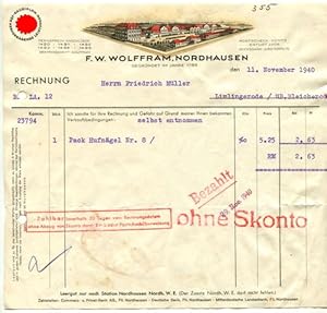 F.W. Wolfram, Nordhausen: Rechnung 1940.