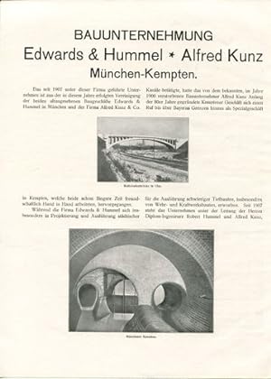 Seller image for Werbeanzeige: Bauunternehmung Edwards & Hummel - Alfred Kunz, Mnchen-Kempten. for sale by Antiquariat Ralf Rindle