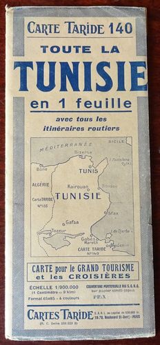 Carte Taride 140: Toute la Tunisie en 1 feuille avec tours les Itieraires routiers. Echelle 1/900...