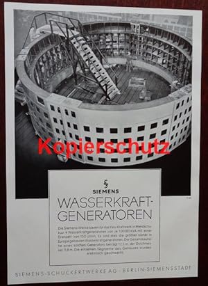 Imagen del vendedor de Werbeanzeige: Siemens-Wasserkraft-Generatoren - 1941. a la venta por Antiquariat Ralf Rindle