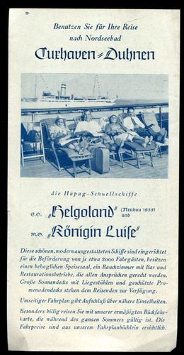 Fahrplan 1939 der Schnellschiffe "Helgoland" und "Königin Luise" von Hamburg nach Cuxhaven.