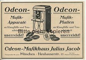 Bild des Verkufers fr Werbeanzeige: Odeon-Musikhaus Julius Jacob, Mnchen, Neuhauserstr. 12 - 1923. zum Verkauf von Antiquariat Ralf Rindle