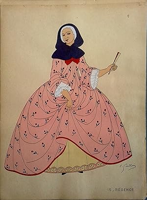 Costume de femme sous la Régence. Gravure en couleurs extraite du portfolio d'Emile Gallois : "Le...