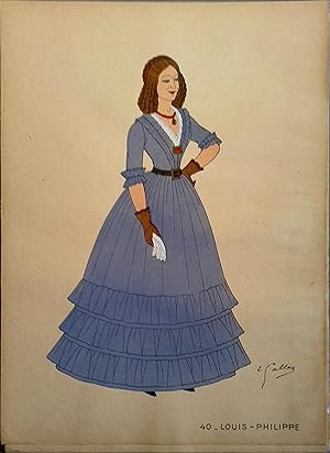 Costume de femme sous Louis-Philippe. Gravure en couleurs extraite du portfolio d'Emile Gallois :...