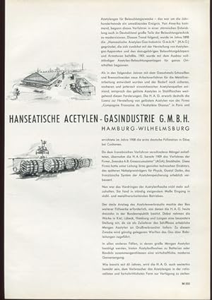 Seller image for Kurzbiographie und Werbeanzeige der Firma: Hanseatische Acetylen-Gasindustrie GMBH, Hamburg-Wilhelmsburg. for sale by Antiquariat Ralf Rindle