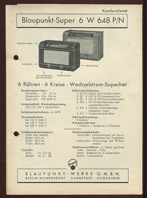 Bild des Verkufers fr Blaupunkt Kundendienst: Blaupunkt -Super 6 W 648 P/N. zum Verkauf von Antiquariat Ralf Rindle