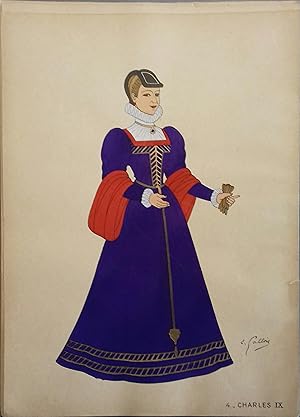 Costume de femme sous Charles IX. Gravure en couleurs extraite du portfolio d'Emile Gallois : "Le...