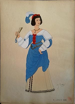 Costume de femme sous Louis XIII. Gravure en couleurs extraite du portfolio d'Emile Gallois : "Le...