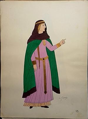 Costume de femme sous les Capétiens. XIe siècle. Gravure en couleurs extraite du portfolio d'Emil...