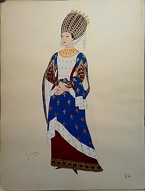 Costume de femme noble sous les Capétiens. XIIIe siècle. Gravure en couleurs extraite du portfoli...