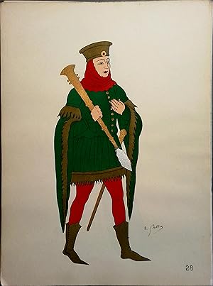 Costume de sergent d'armes sous les Valois. XIVe siècle. Gravure en couleurs extraite du portfoli...