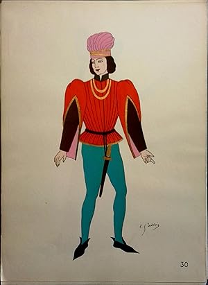 Costume de jeune élégant sous les Valois. XIVe siècle. Gravure en couleurs extraite du portfolio ...