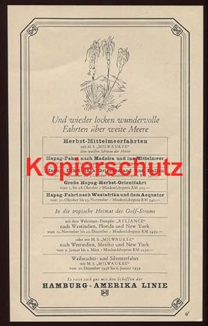 Bild des Verkufers fr Werbeanzeige: Hamburg-Amerika-Linie Reiseprogramm 1939 - 1938. zum Verkauf von Antiquariat Ralf Rindle