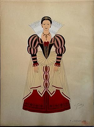 Costume de femme sous Henri IV. Gravure en couleurs extraite du portfolio d'Emile Gallois : "Le C...